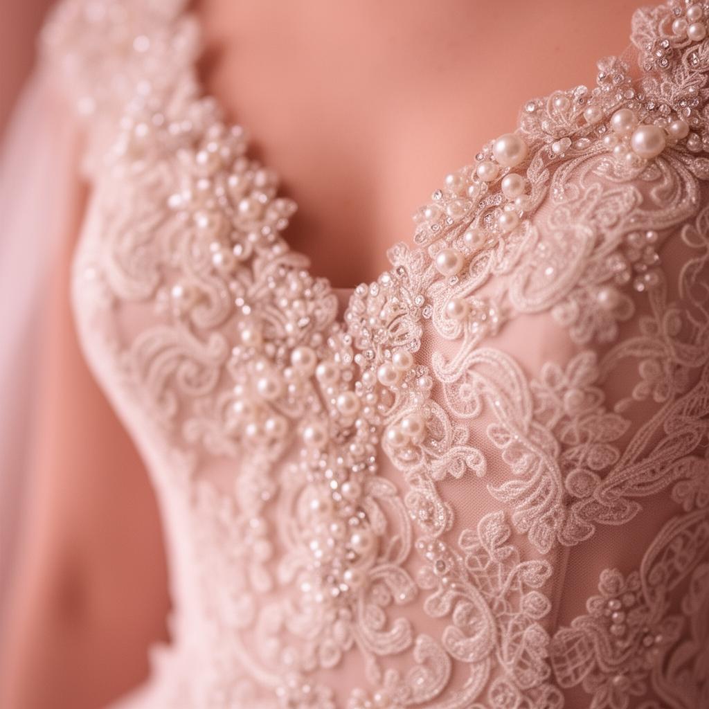 Detalhe de renda delicada bordada em vestido marfim